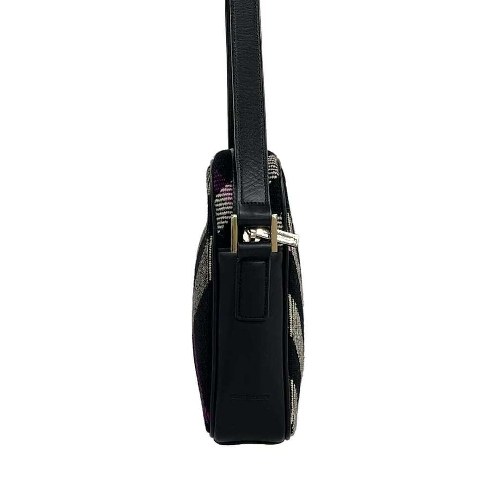 BURBERRY Shoulder Bag Check Black White Purple Wool Leather - Picture 4 of 7